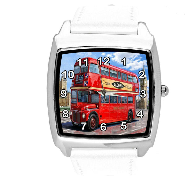 WHITE LEATHER LONDON BUS BRIDGE BIG BEN BRITAIN souvenir GIFT DVD SQUARE WATCH