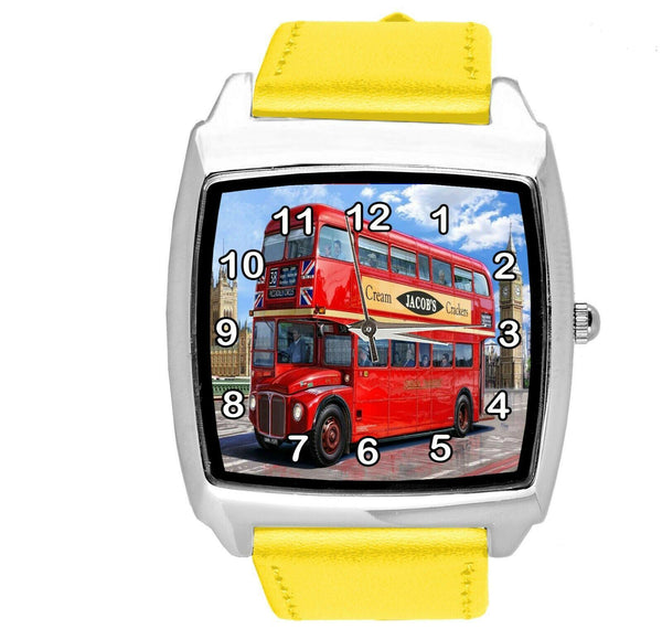YELLOW LEATHER LONDON BUS BRIDGE BIG BEN BRITAIN souvenir GIFT DVD SQUARE WATCH