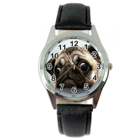 PUG DOG LOVER FRIEND Steel Black LEATHER QUARTZ ANALOG WATCH UHR RELOJ