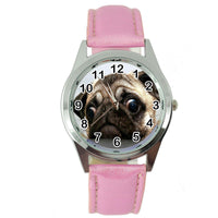 PUG DOG LOVER FRIEND Steel PINK LEATHER QUARTZ ANALOG WATCH UHR RELOJ