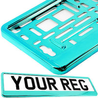 SUPER CHROME SKY BLUE TEAL Car Number Plate Surround Holder FOR ANY CAR OR VAN