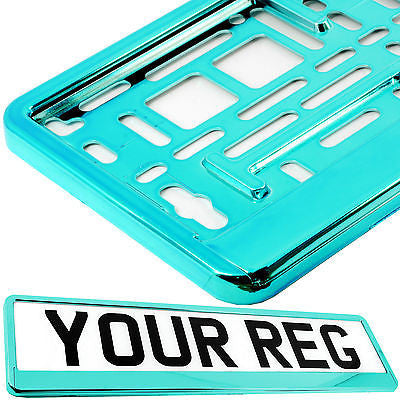SUPER CHROME SKY BLUE TEAL Car Number Plate Surround Holder FOR ANY CAR OR VAN
