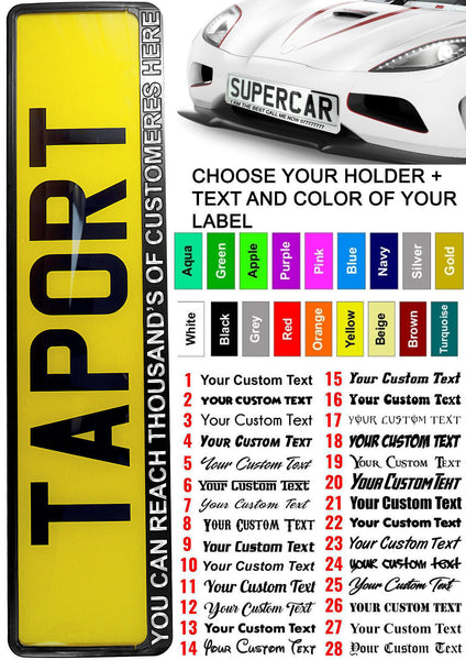 2x CAR NUMBER PLATE HOLDER WITH CUSTOMISED TEXT OR DESIGN FOR ANY CAR BUSINESS WEDDING ADVERT