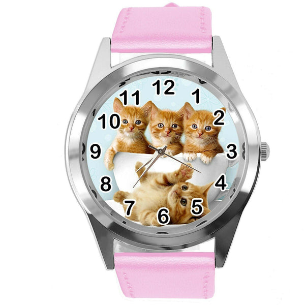 CUTE KITTENS KITTY PUSSY CATS PET PINK REAL LEATHER CD DVD TV QUARTZ WATCH