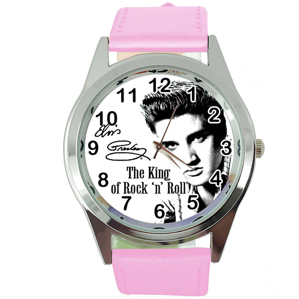 ELVIS E1 quartz round WATCH with real pink leather strap