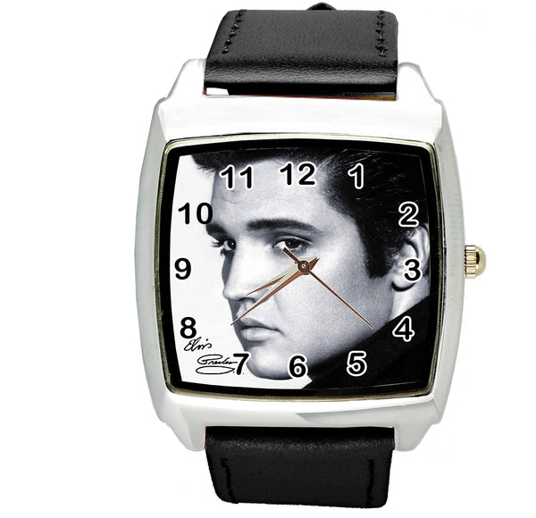 ELVIS E8 quartz square WATCH with real black leather strap
