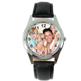 YOUR CUSTOM TEXT PHOTO WATCH Quartz Stainless Steel Black LEATHER ROUND WATCH