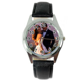 YOUR CUSTOM TEXT PHOTO WATCH Quartz Stainless Steel Black LEATHER ROUND WATCH