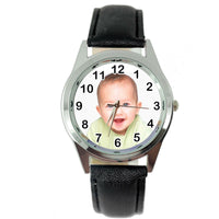 YOUR CUSTOM TEXT PHOTO WATCH Quartz Stainless Steel Black LEATHER ROUND WATCH