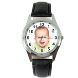 YOUR CUSTOM TEXT PHOTO WATCH Quartz Stainless Steel Black LEATHER ROUND WATCH