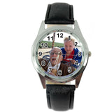 YOUR CUSTOM TEXT PHOTO WATCH Quartz Stainless Steel Black LEATHER ROUND WATCH