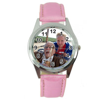 YOUR CUSTOM TEXT PHOTO WATCH Quartz Stainless Steel PINK LEATHER ROUND WATCH