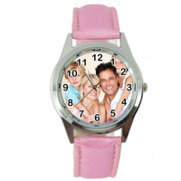 YOUR CUSTOM TEXT PHOTO WATCH Quartz Stainless Steel PINK LEATHER ROUND WATCH