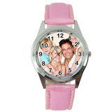 YOUR CUSTOM TEXT PHOTO WATCH Quartz Stainless Steel PINK LEATHER ROUND WATCH