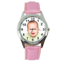 YOUR CUSTOM TEXT PHOTO WATCH Quartz Stainless Steel PINK LEATHER ROUND WATCH