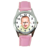 YOUR CUSTOM TEXT PHOTO WATCH Quartz Stainless Steel PINK LEATHER ROUND WATCH