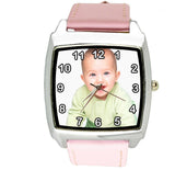 YOUR CUSTOM TEXT PHOTO WATCH Quartz Stainless Steel PINK LEATHER SQUARE WATCH