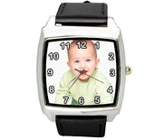 YOUR CUSTOM TEXT PHOTO WATCH Quartz Stainless Steel BLACK LEATHER SQUARE WATCH
