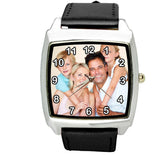 YOUR CUSTOM TEXT PHOTO WATCH Quartz Stainless Steel BLACK LEATHER SQUARE WATCH