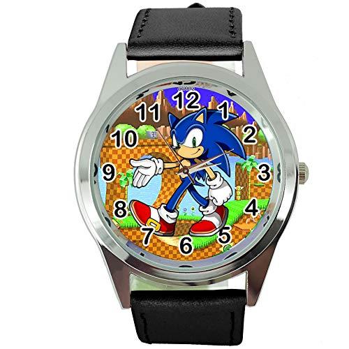 Black Leather Round Watch for Fans of  Hedgehogs E1