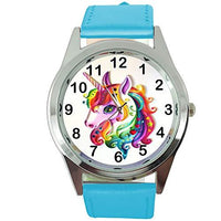 DREAMWATCH Womens Watch Analogue Quartz with Real Leather Band Blue Round Unicorn E1