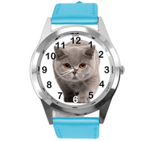 Blue Leather Round Watch for British Shorthair CAT Fans