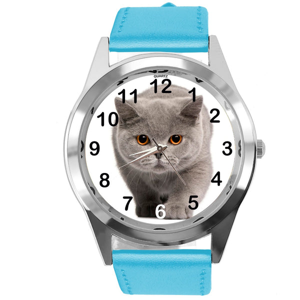 Blue Leather Round Watch for British Shorthair CAT Fans