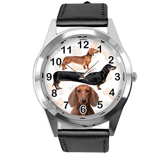 Black Leather Round Watch for Dachshund Fans