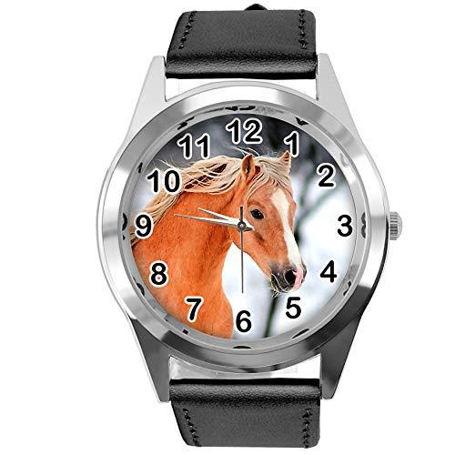 Black Leather Round Watch for Beautiful Horse Fans
