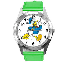 Analogue Quartz Watch with Real Leather Band Green Round for Duck Fans