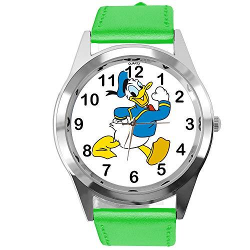 Analogue Quartz Watch with Real Leather Band Green Round for Duck Fans