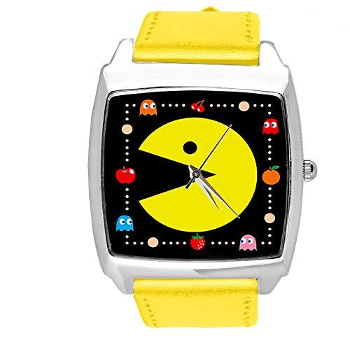 Watch Analogue Quartz with Real Leather Band Yellow Square for Game Fans