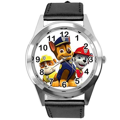 Watch Analogue Quartz with Real Leather Band Black Round for Pup Fans