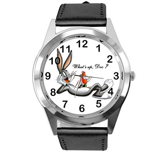 Black Leather Round Quartz Watch for Bunny Fans