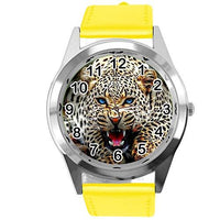 Yellow Leather Round Watch for Leopard Fans