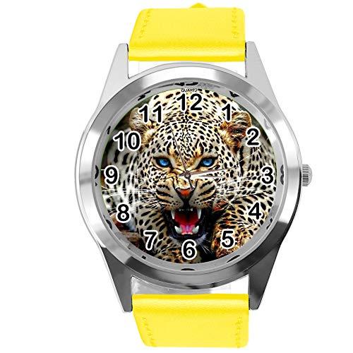 Yellow Leather Round Watch for Leopard Fans