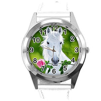TAPORT� Runde Armbanduhr aus wei�em Leder f�r sch�ne Pferde-Fans E3