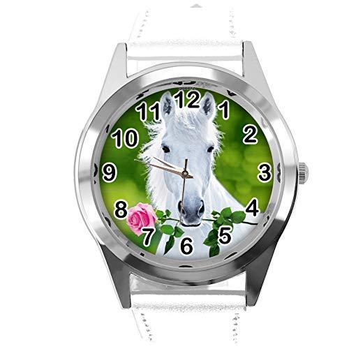 TAPORT� Runde Armbanduhr aus wei�em Leder f�r sch�ne Pferde-Fans E3