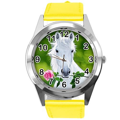 Yellow Leather Round Watch for Beautiful Horse Fans E3