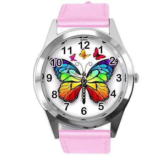 TAPORT Pink Leather Round Watch for Butterfly Fans E2