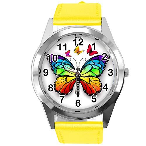 TAPORT Yellow Leather Round Watch for Butterfly Fans E2
