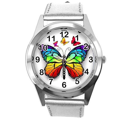TAPORT Silver Leather Round Watch for Butterfly Fans E2