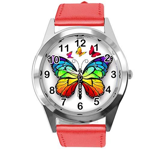 TAPORT RED Leather Round Watch for Butterfly Fans E2