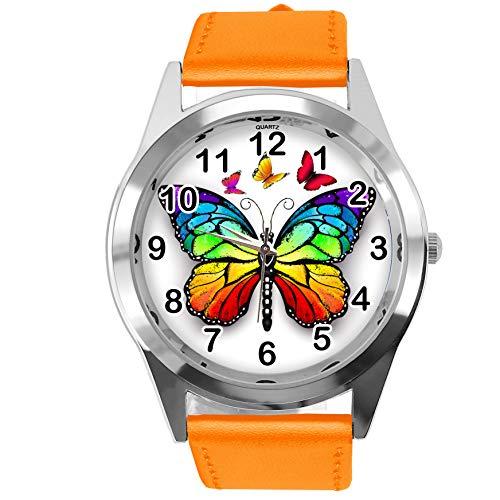 TAPORT Orange Leather Round Watch for Butterfly Fans E2