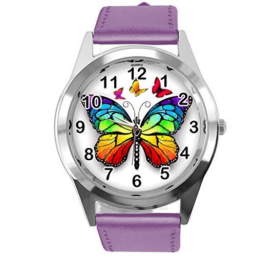 TAPORT Purple Leather Round Watch for Butterfly Fans E2