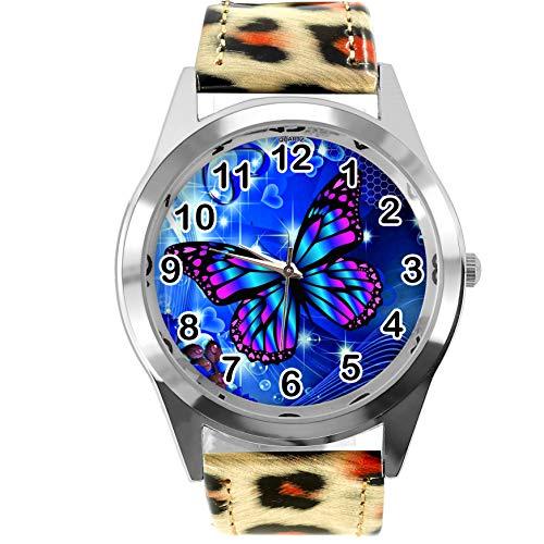Leopard Print Leather Round Watch for Butterfly Fans