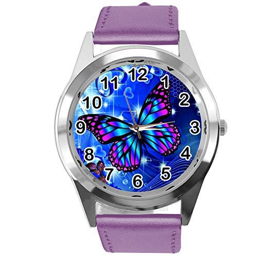 TAPORT? Purple Leather Round Watch for Butterfly Fans