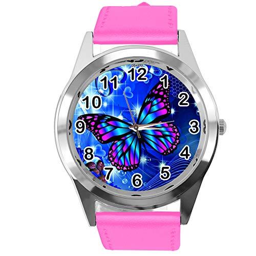 TAPORT? HOT Pink Leather Round Watch for Butterfly Fans