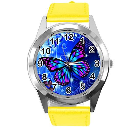 Yellow Leather Round Watch for Butterfly Fans