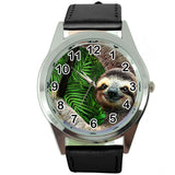LAZY SLOTH  Steel BLACK LEATHER QUARTZ ANALOG WATCH UHR RELOJ LENIWIEC ZEGAREK